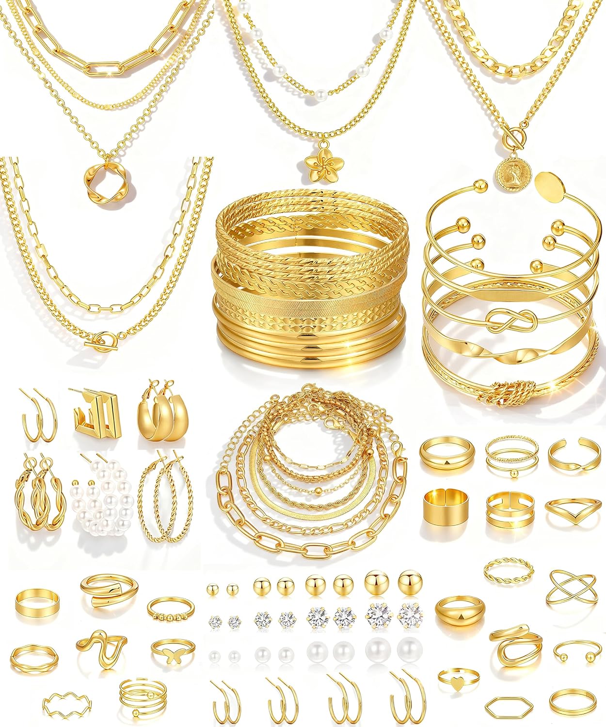 17 MILE 78 Pieces Gold Jewelry Set for Women, 9 Necklace, 24 Bangle Bracelet, 22 Earrings