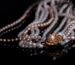 A pearl necklace laid on a plain background