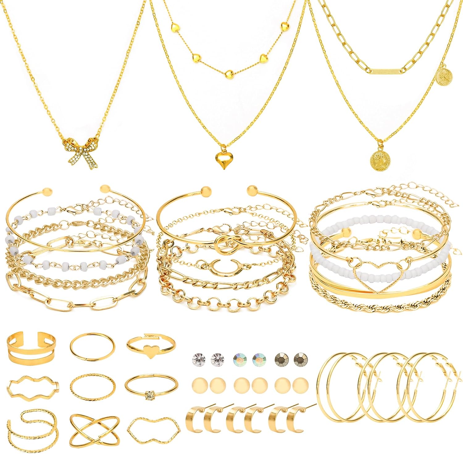 NEWITIN 49 Pieces Gold Jewelry Set for Women Fashion Costume Jewelry Gold Plated Necklace