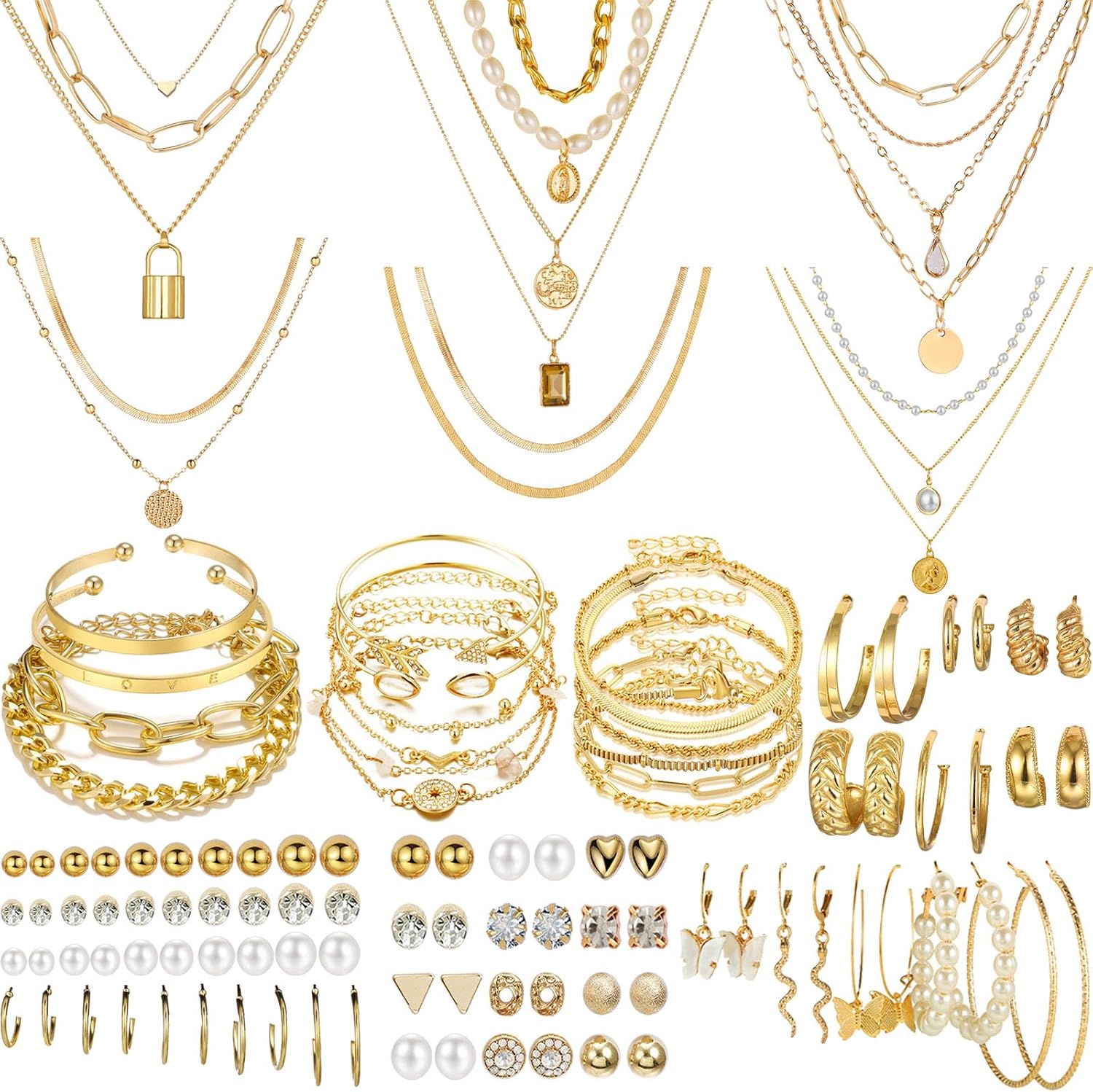 NEWITIN 69 Pieces Gold Jewelry Set for Women Fashion Costume Jewelry Gold Plated Necklace