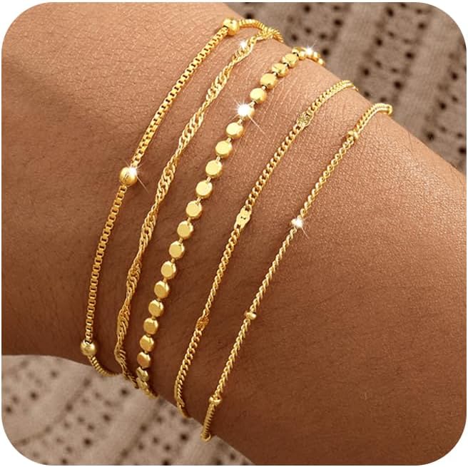 Striviio Gold Bracelets for Women, 14K Gold Plated Stackable Bracelet Stack Set Adjustable